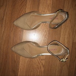 Tan & gold pointy flats with buckle above ankle